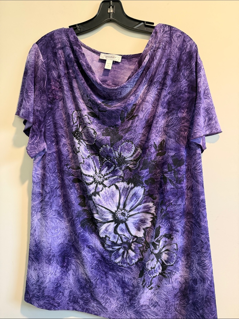 Dress Barn Purple Floral Cowl Neck Short Sleeve Tee with Black Accents